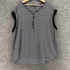 Roz & Ali Blouse Women 3X Plus Black Geometric Zipper V-Neck Short Sleeve Casual